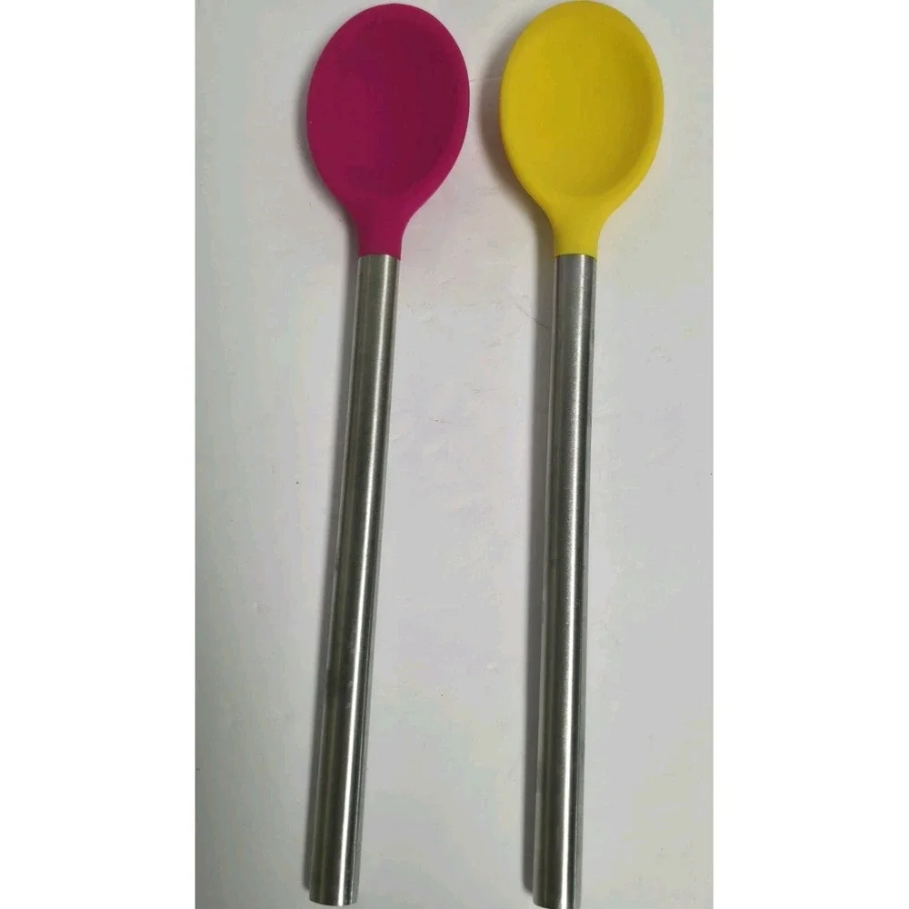 Set of 2 Tovolo Silicone Mixing Spoons Stainless Steel Handle Pink Yellow 12